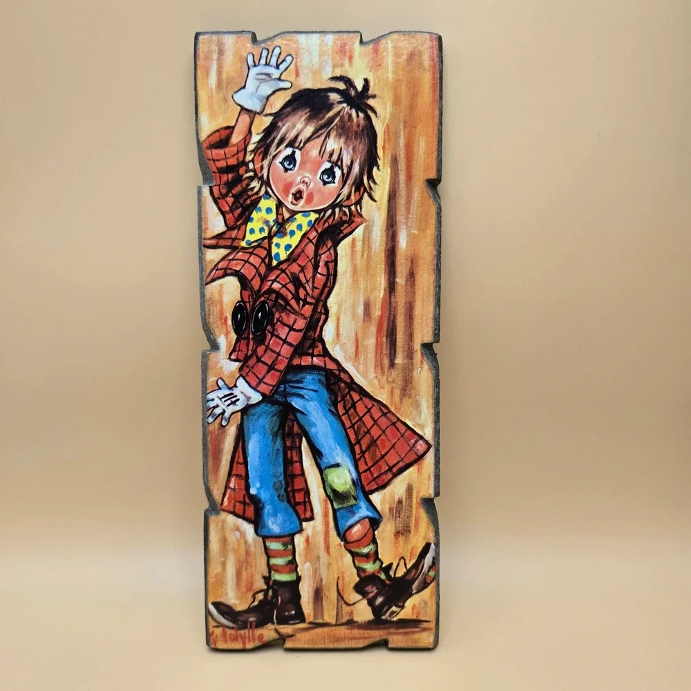 Vintage Idylle Italy Wood Wall Plaque Mid Century Boy Plaid Coat Art